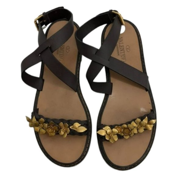 Valentino Garavani brown leather braided strappy sandals gold flower embroidery - Picture 2 of 14
